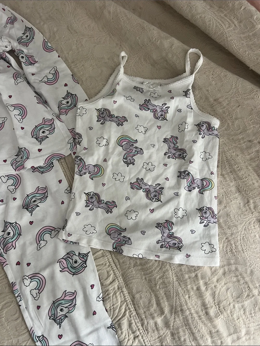 H&M White Unicorn & Rainbow Pajama 3 3 pieces Set with Pink and Purple Accents